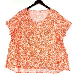 Sigrid Olsen 100% Linen Top 1X Blouse Orange Sea Life Print Beachy